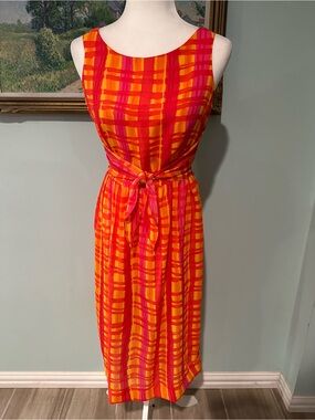 Vibrant Red & Orange Sleeveless Tie-Waist Midi Dress